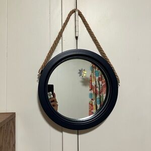 Navy Blue Round Wall Mirror with Rope Hanger